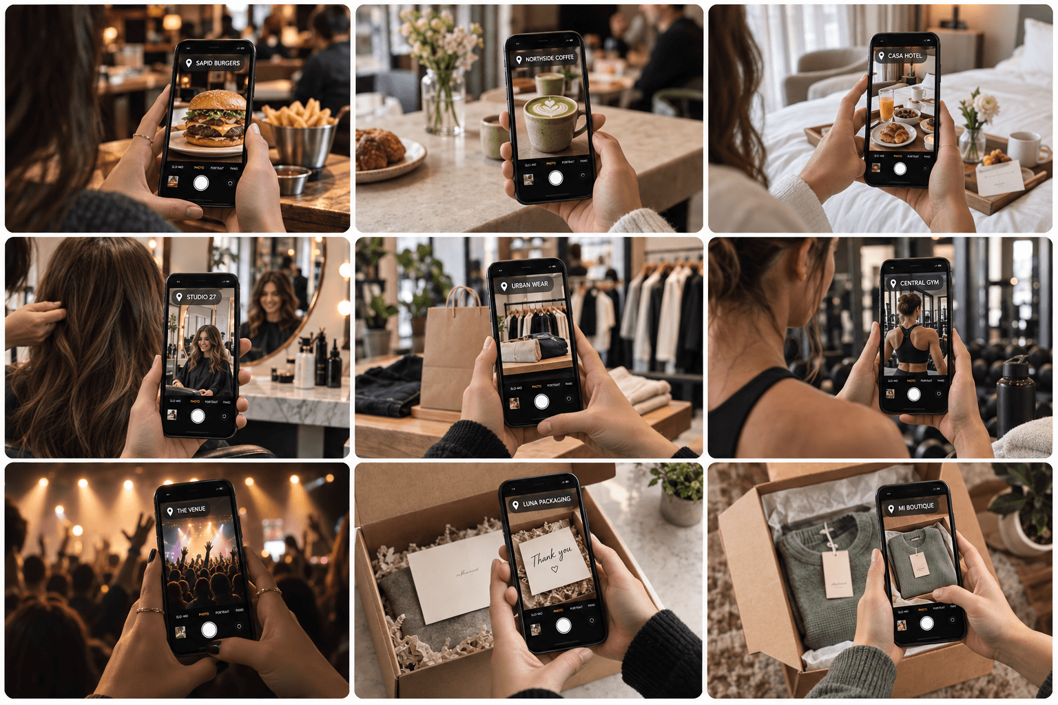 Customers using UGC Camera across restaurants, cafés, hotels, salons, retail, gyms, events, packaging, and ecommerce