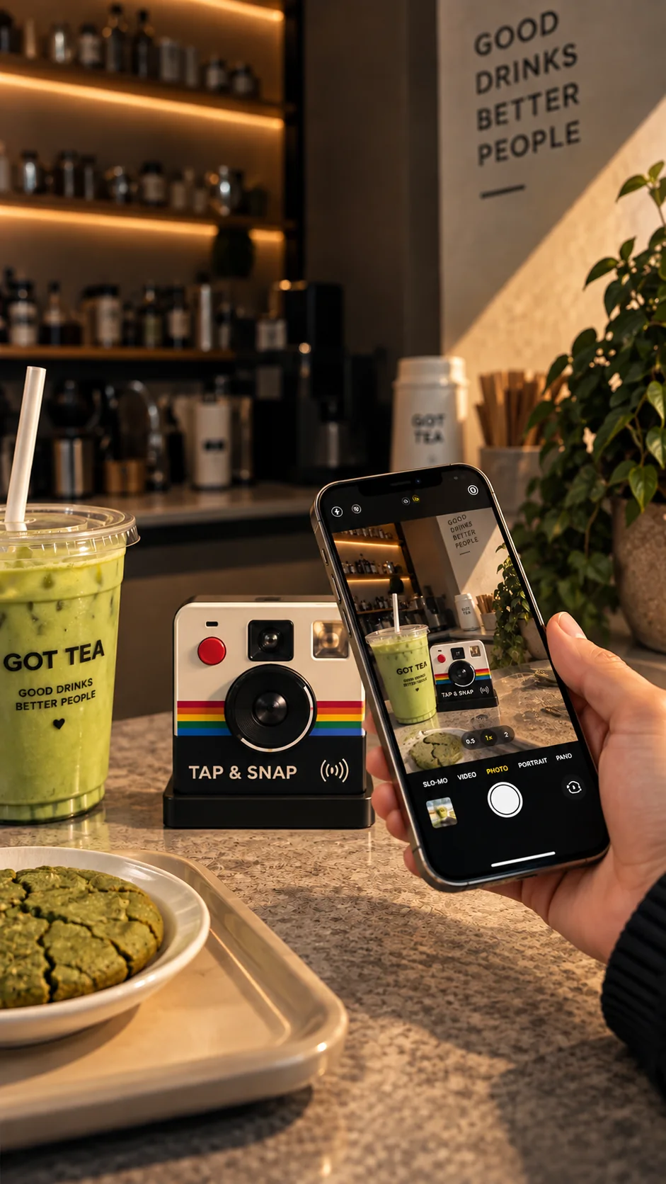 Soporte NFC Tap & Snap junto a una bebida, comida y un teléfono sacando una foto en una cafetería