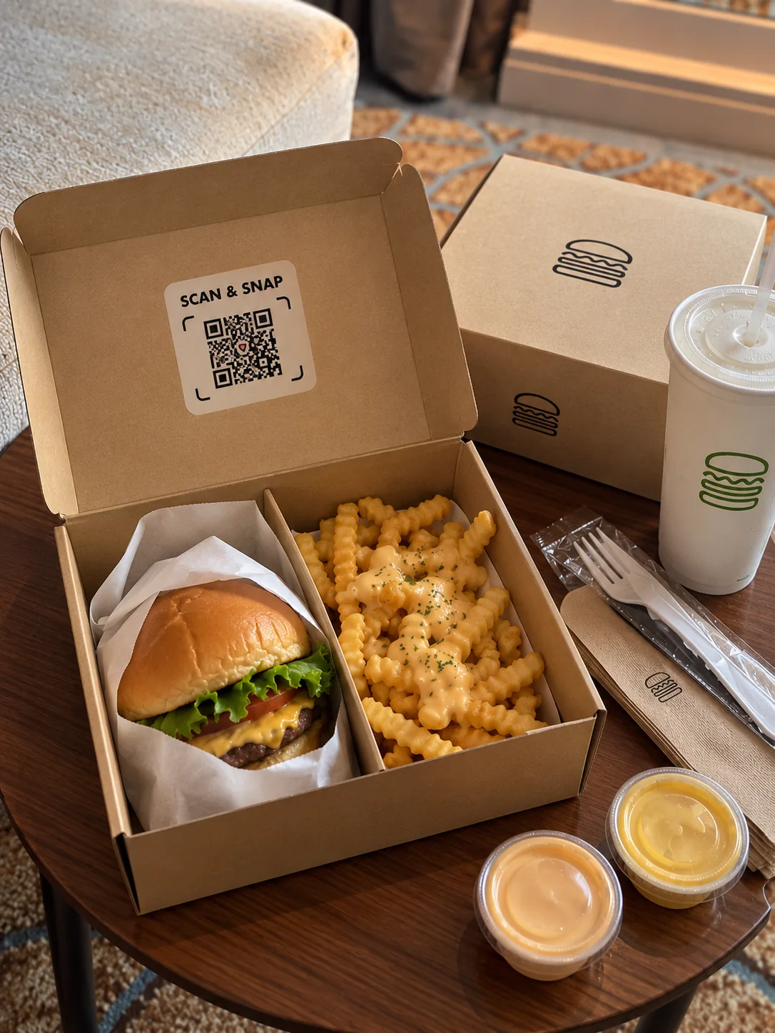 Open delivery box with a Scan and Snap QR sticker, a burger, and cheese fries