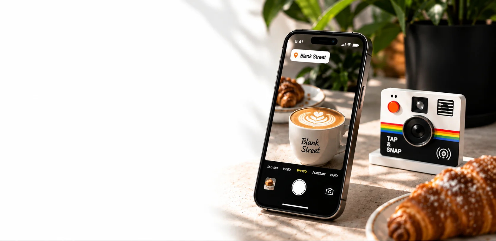 Customer phone showing a Blank Street branded café photo beside Tap & Snap